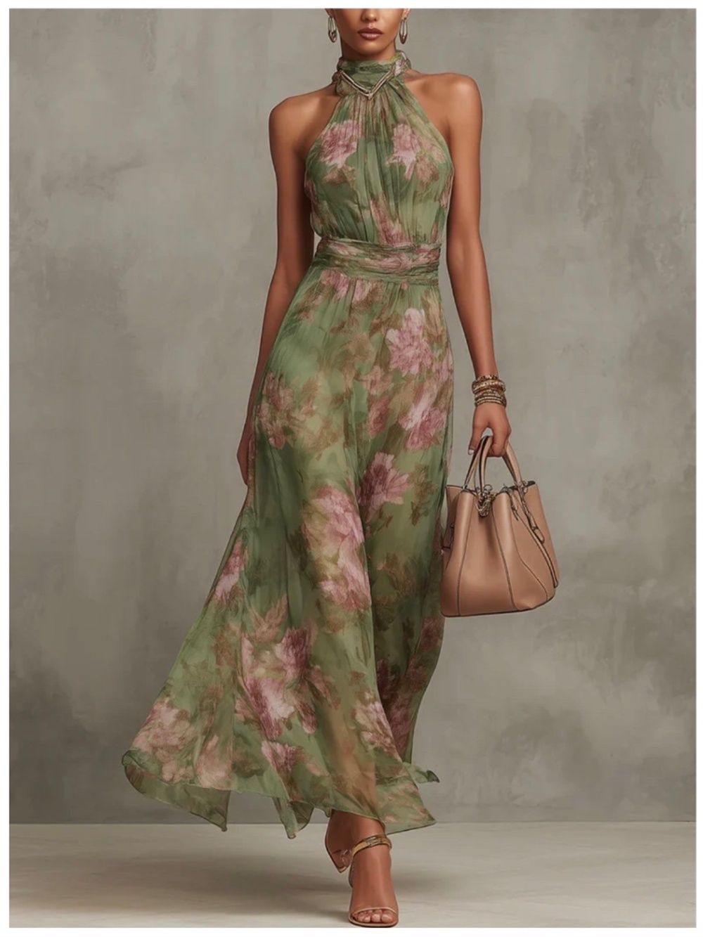 Green Floral Chiffon Halter Maxi Dress